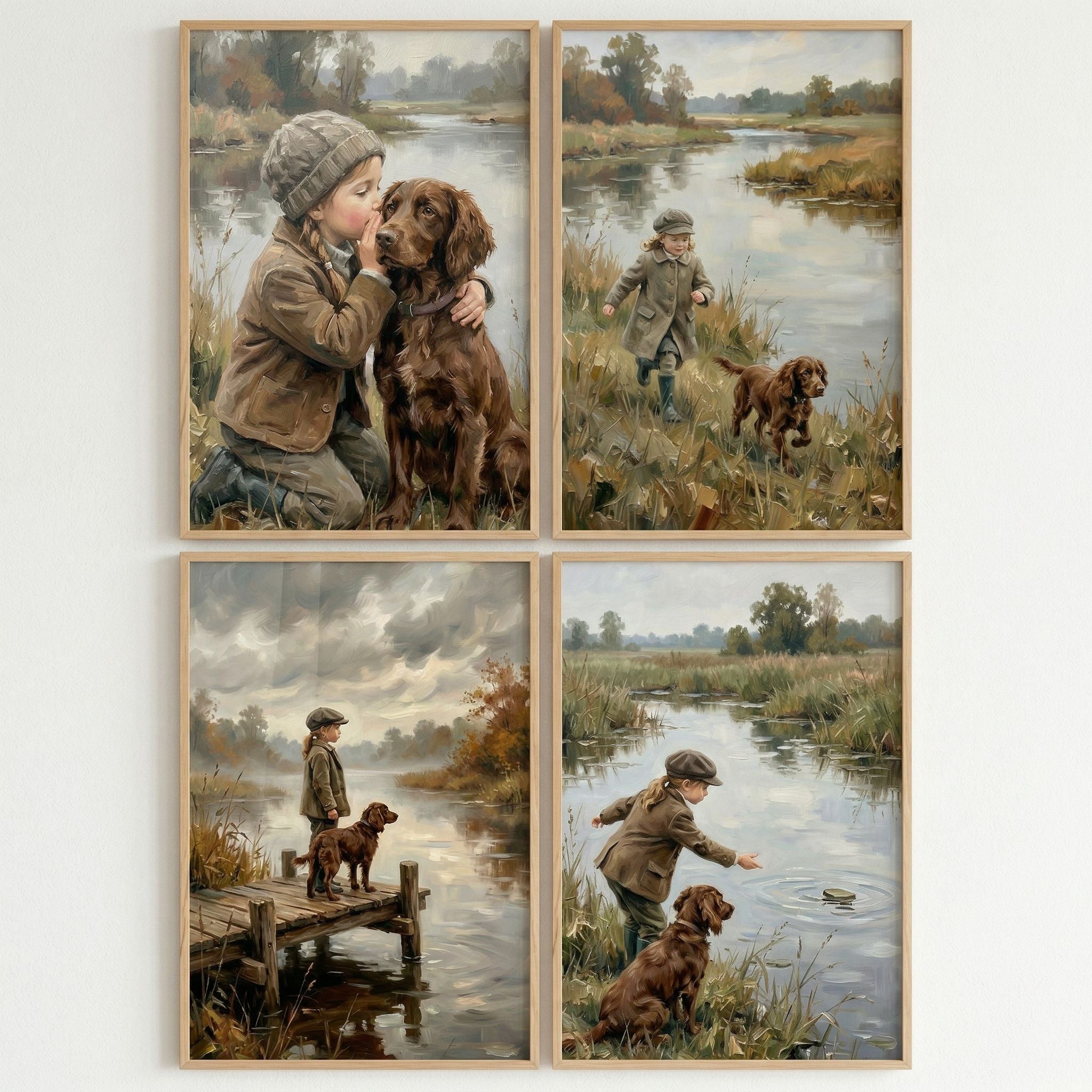 Moody Riverside Girl Dog Wall Art Set of 4 - Meadow Day Dreams