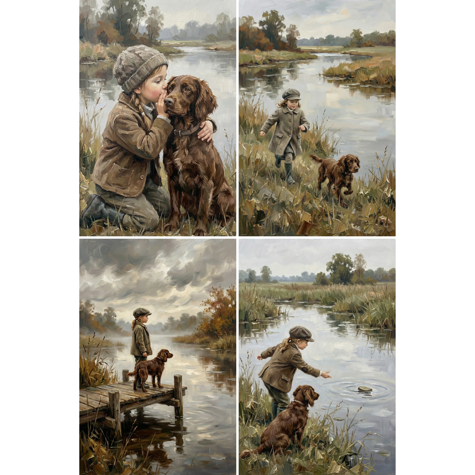 Moody Riverside Girl Dog Wall Art Set of 4 - Meadow Day Dreams