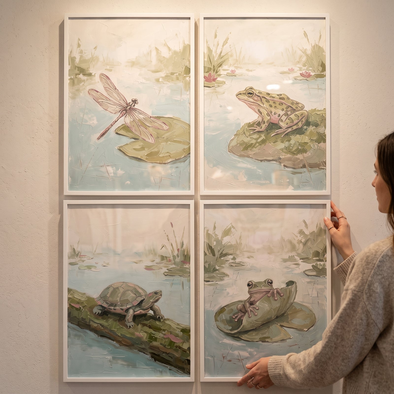 Moody sage pond animals wall art set of 4 featuring a dragonfly, frogs, and a turtle in muted green and beige tones.