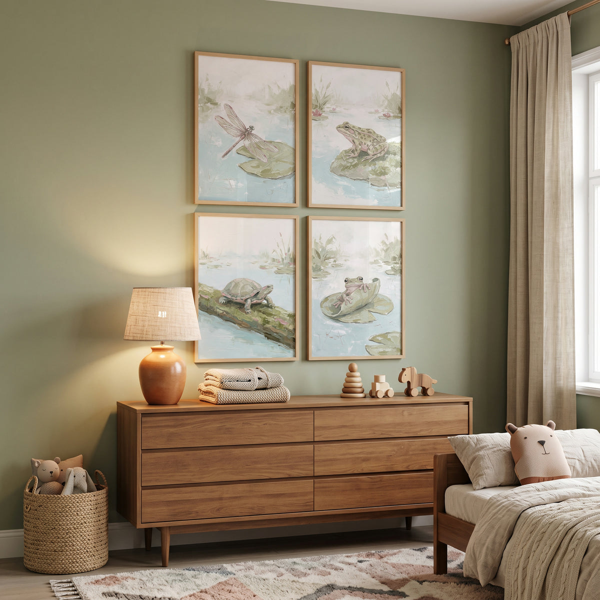 Moody Sage Pond Animals Wall Art Set Of 4 - Soft Marshland Friends