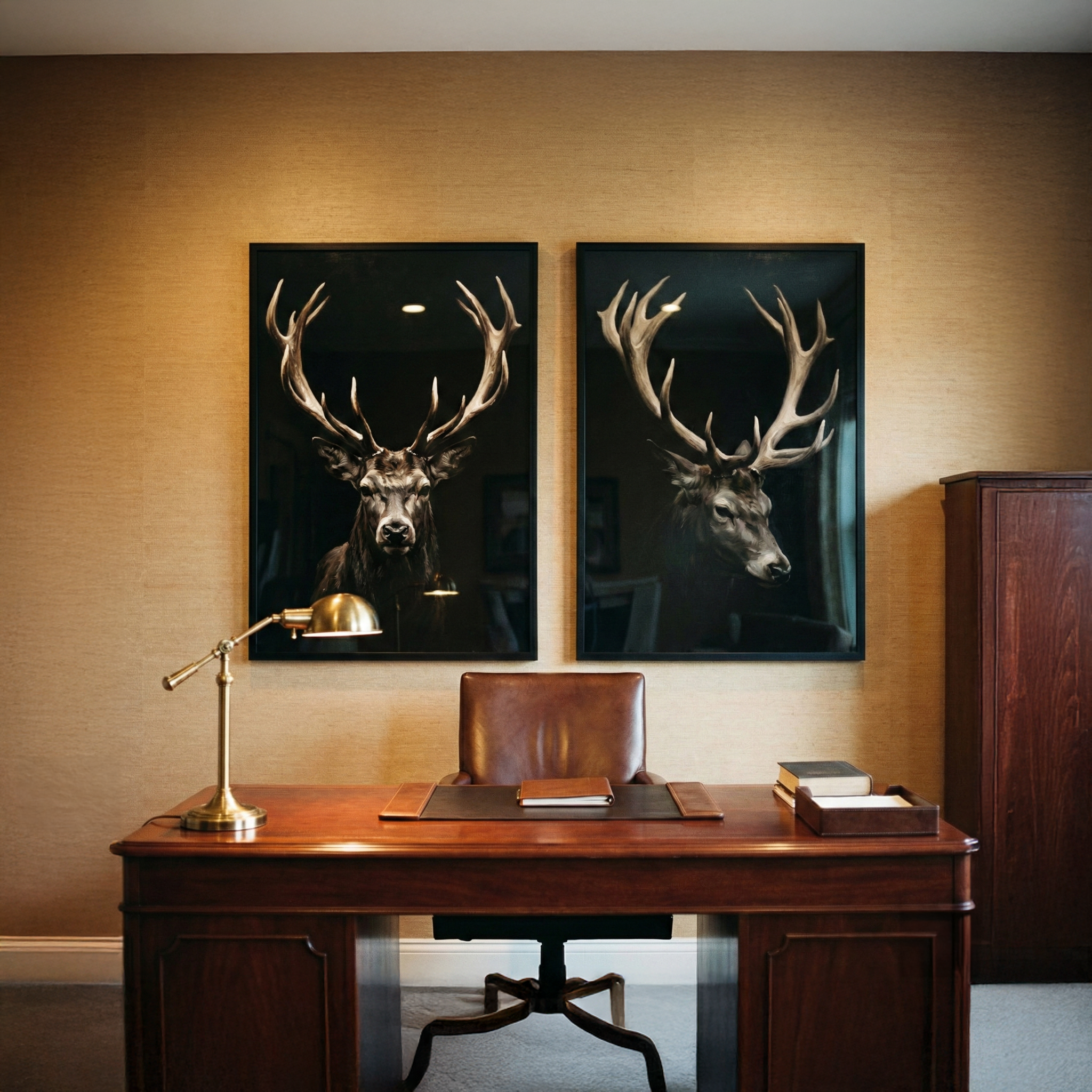 Moody Stag Wall Art  Set Of 2 - Majestic Antlered Duo