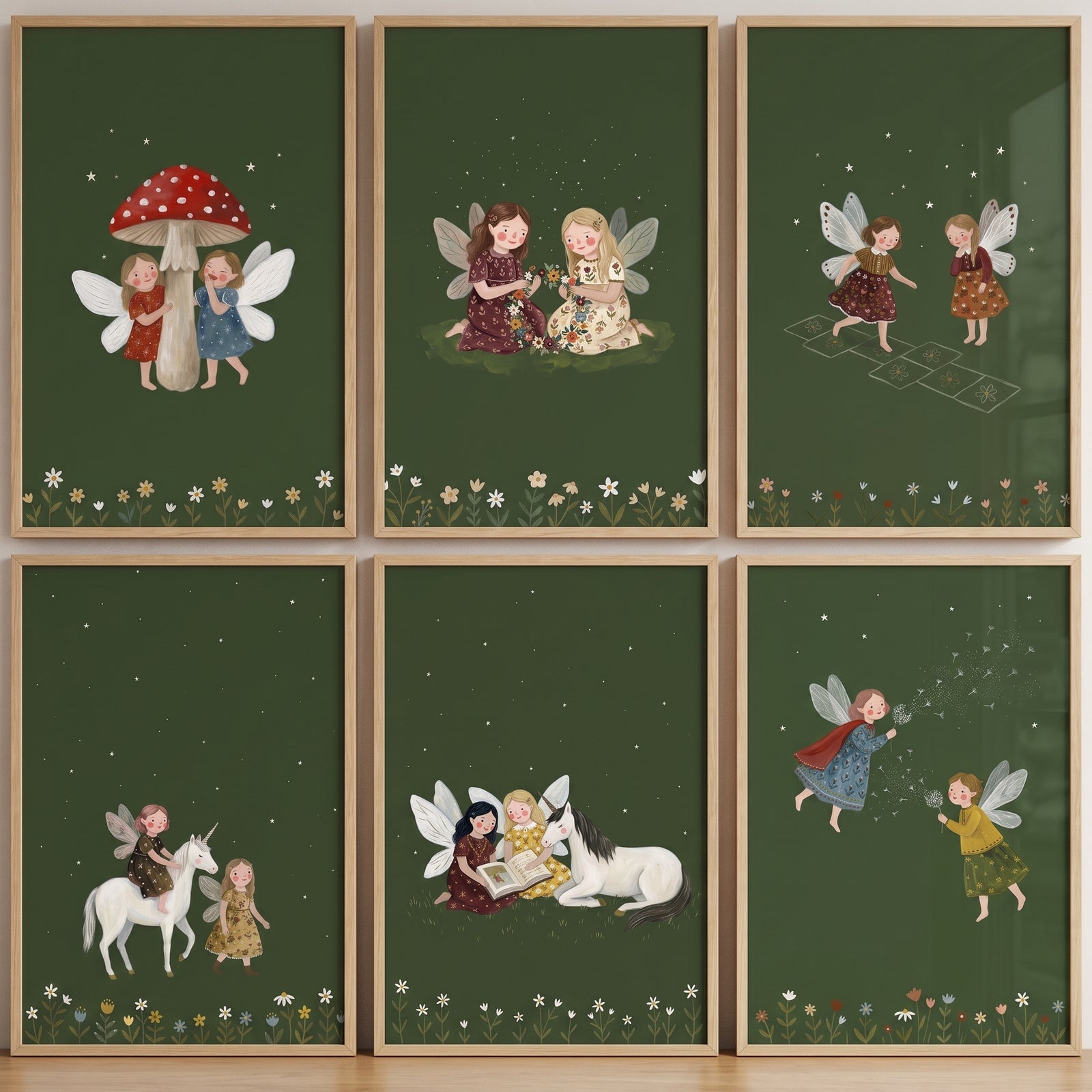 Moody woodland green fairies wall art set of 6, featuring whimsical forest scenes with dandelions, mushrooms, and flowers.