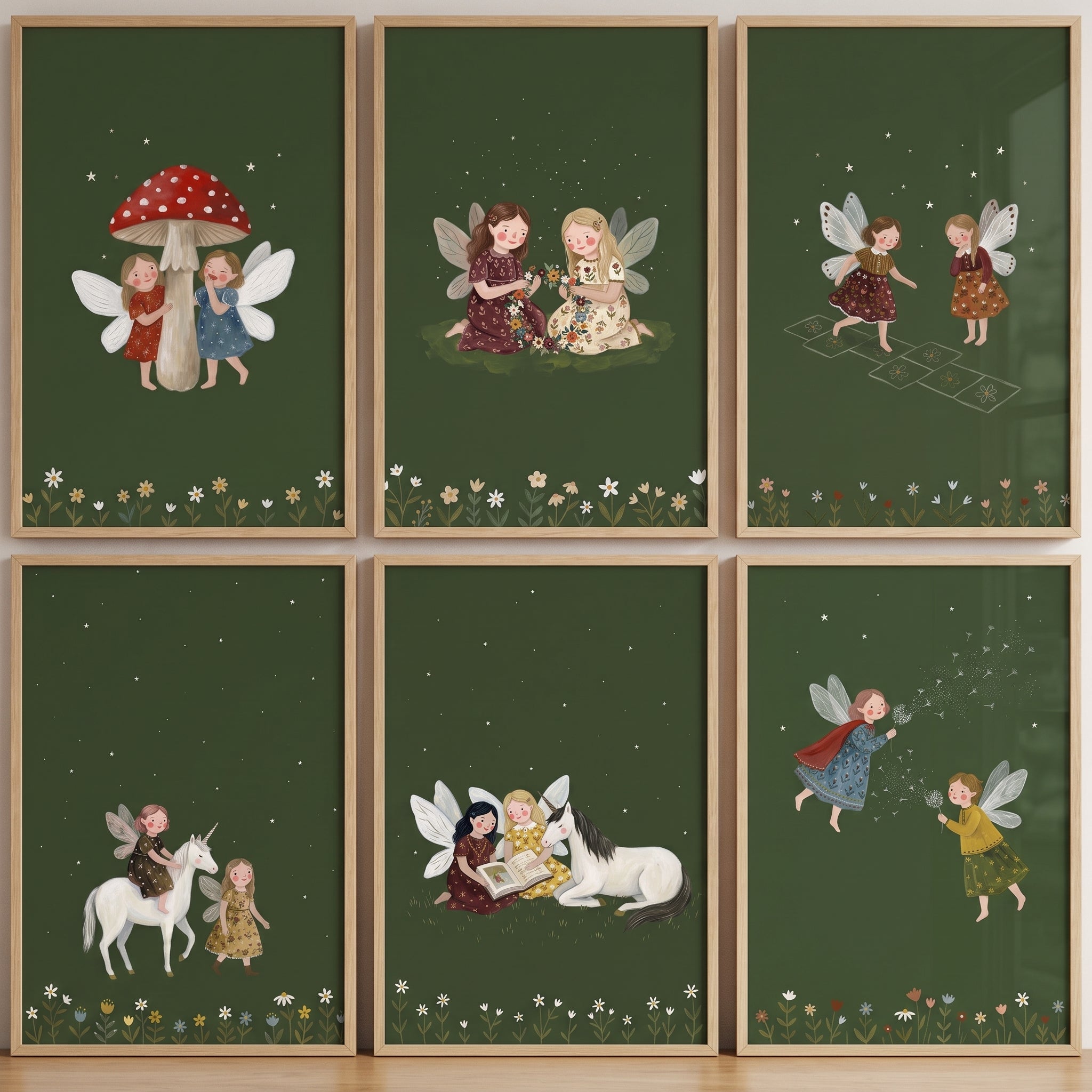 Moody Woodland Green Fairies Wall Art Set of 6 - Whimsical Woodland Fairies