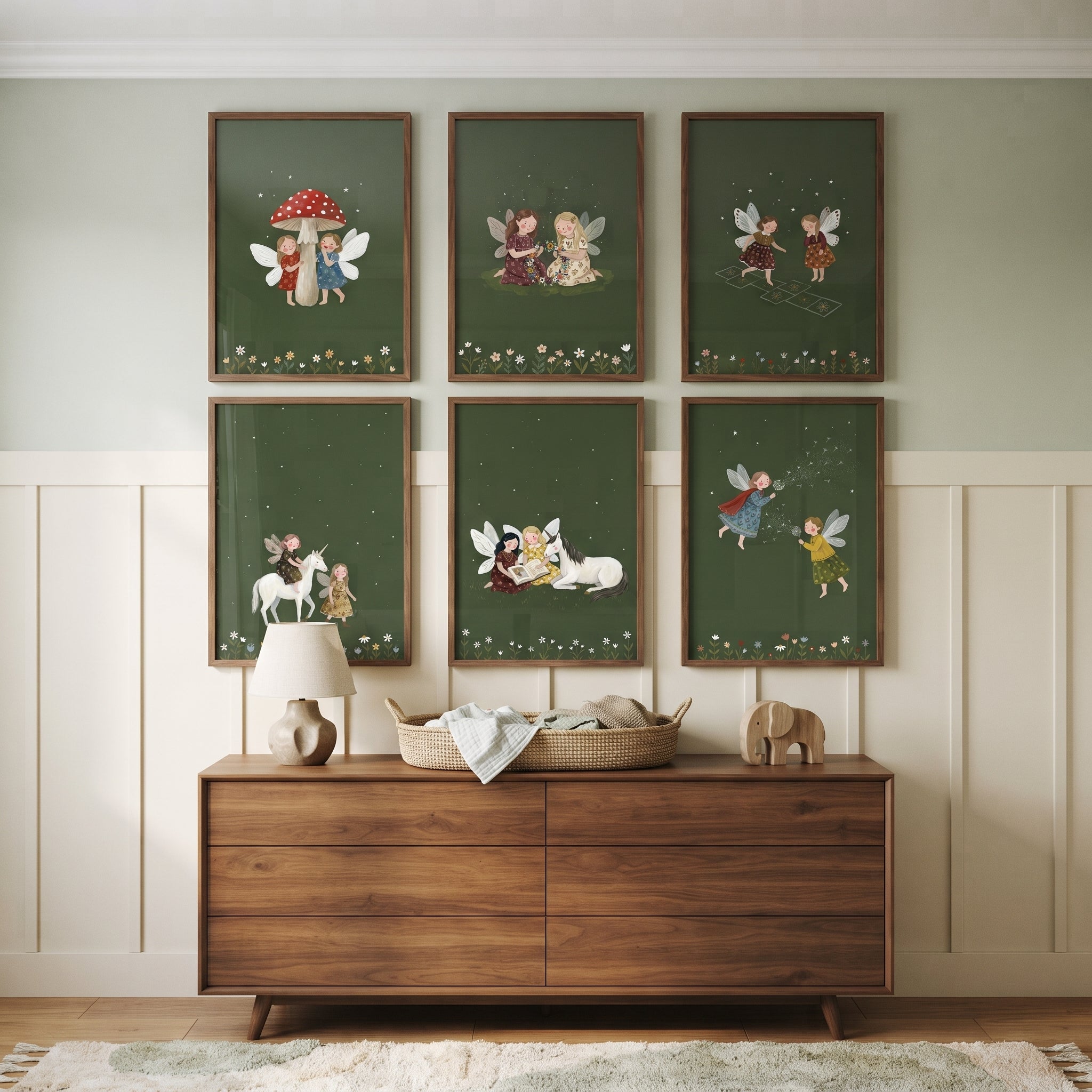 Moody Woodland Green Fairies Wall Art Set of 6 - Whimsical Woodland Fairies