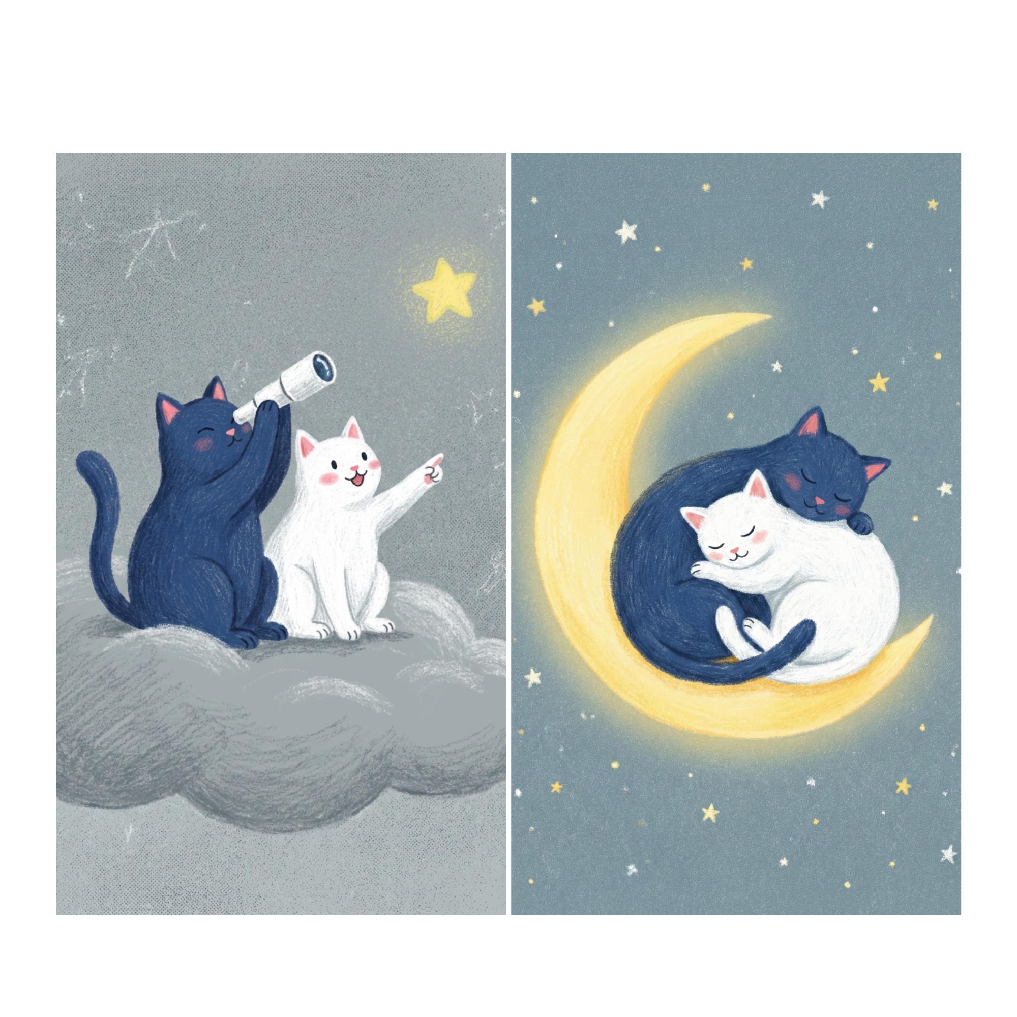 Two dreamy illustrations of two cats in a soft night-sky setting. In the first image, a dark blue cat looks through a small telescope while a white cat points excitedly toward a bright yellow star as they sit together on a fluffy cloud. In the second image, the two cats sleep curled together on a glowing crescent moon surrounded by small twinkling stars.