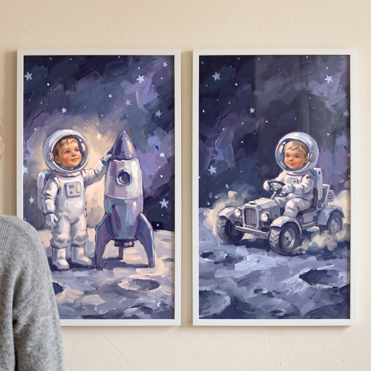 Moon Landscape Child Astronaut Artwork Set of 2 - Little Lunar Explorer