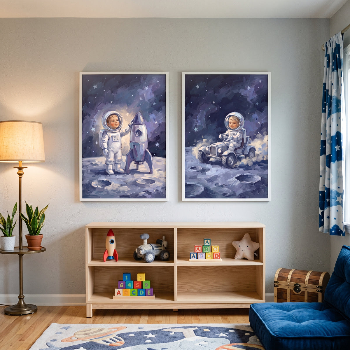 Moon Landscape Child Astronaut Artwork Set of 2 - Little Lunar Explorer