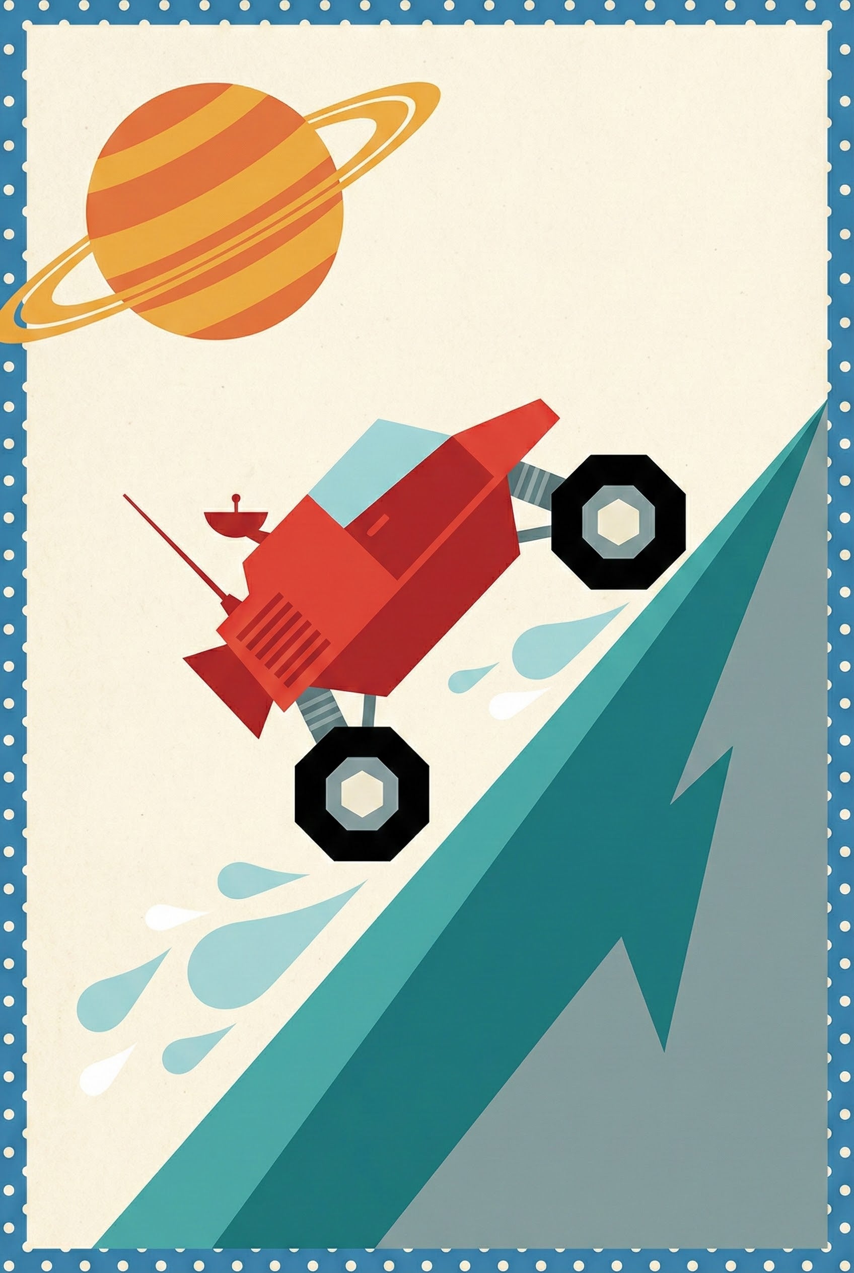 A red space rover with large black wheels climbs a steep teal slope, splashing water or dust, with Saturn-like planet rings above and a starry polka-dot frame.