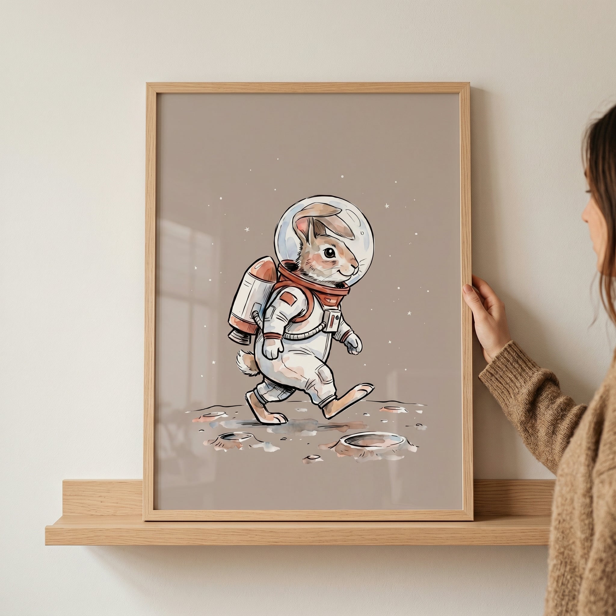 Moon Walking Astronaut Bunny Wall Art - Lunar Rabbit Walk