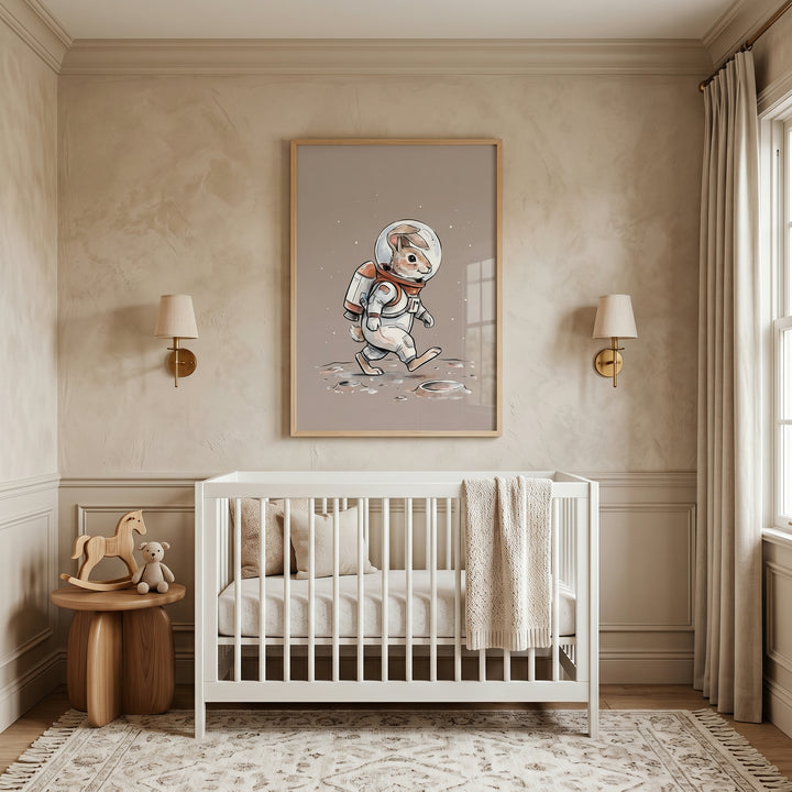 Neutral nursery featuring moon walking astronaut bunny wall art above a white crib with wall sconces and a rocking horse.