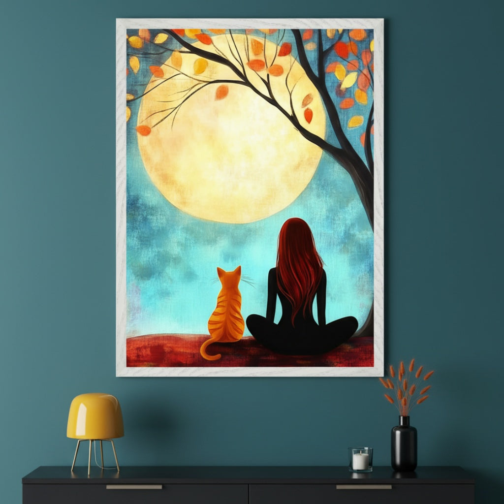 Modern room with a dark teal wall and a black console table. A large framed illustrative painting of a silhouetted woman and cat watching a full moon under an autumn tree hangs centered above. A yellow lamp and black vase with reeds are on the console.