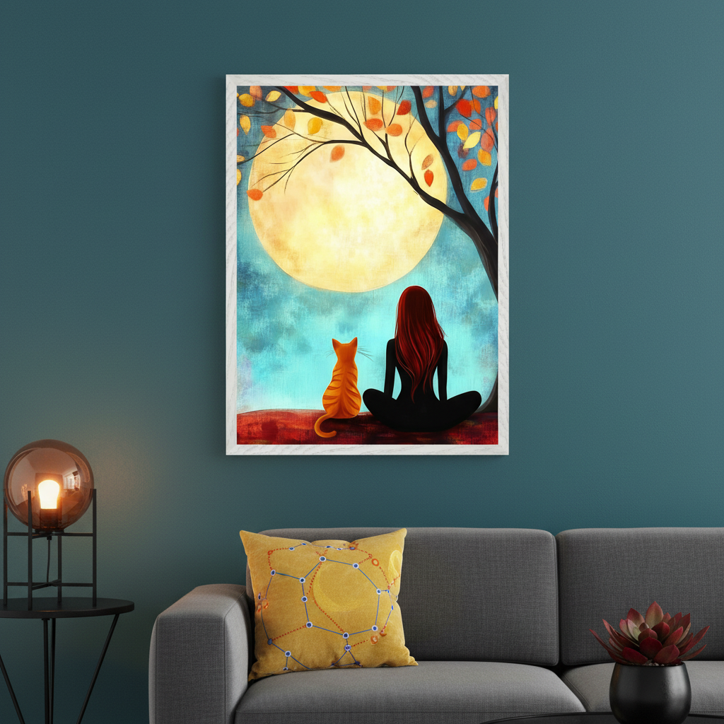 Modern living room with a gray sofa and a black side table with a lamp. A framed painting hangs on a dark teal wall above the sofa. The art depicts a person and an orange cat sitting, looking at a large yellow full moon under a tree with autumn leaves.