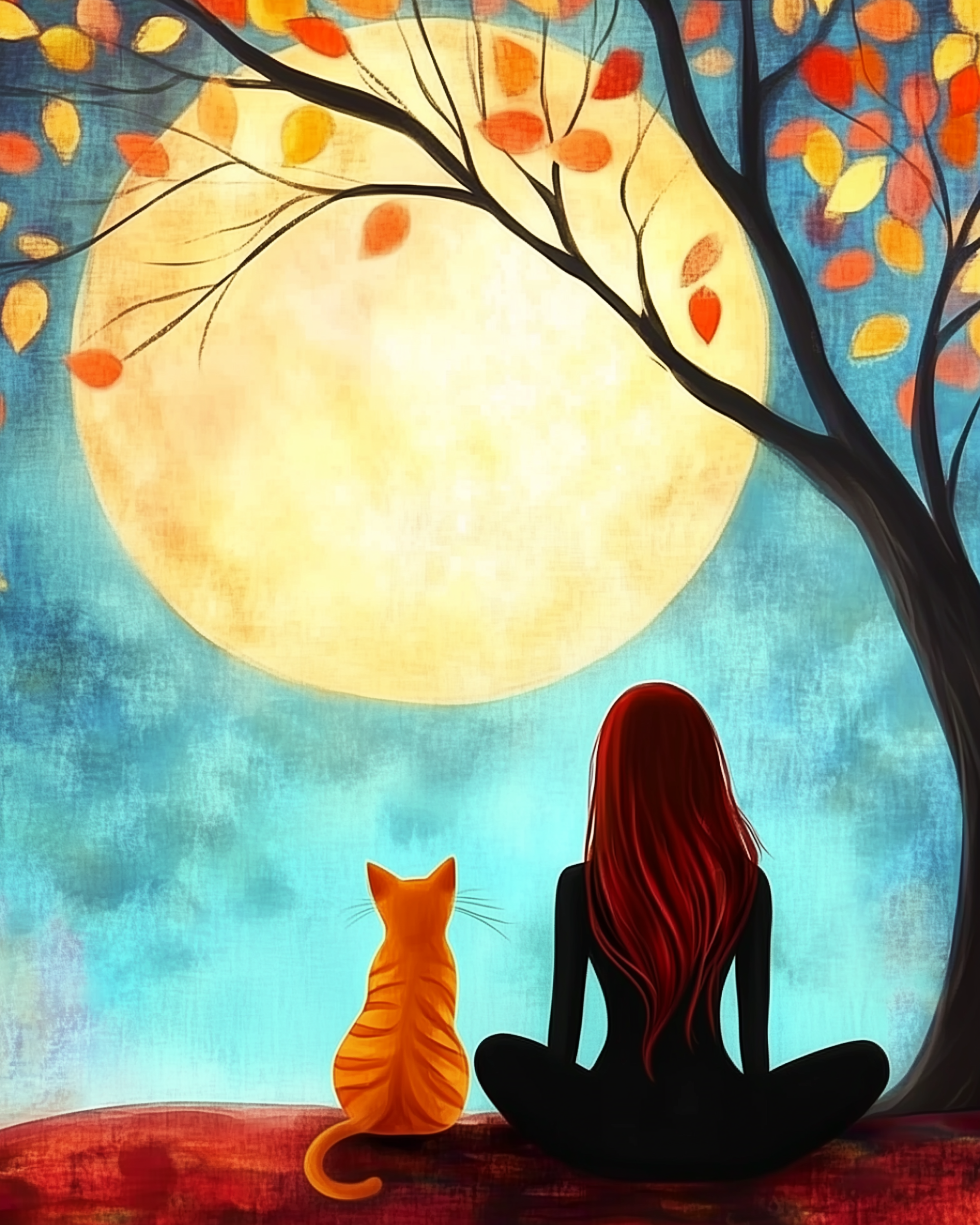A silhouette of a woman with long red hair sits cross-legged beside an orange cat, both gazing at a large, glowing moon. The scene is framed by a tree with vibrant autumn leaves against a blue sky.