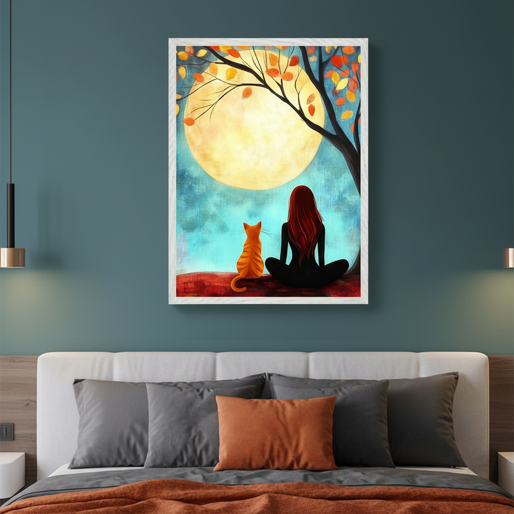 Modern bedroom with a white headboard bed. A large framed painting hangs above the bed, showing a person with long red hair and an orange cat sitting under a tree with autumn leaves, gazing at a large full moon in a blue, textured sky.