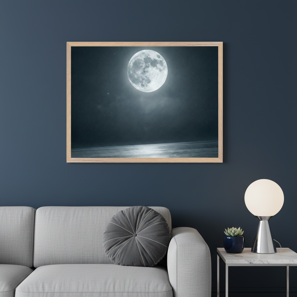 Modern living room with a gray sofa against a dark blue wall. A light wood-framed print of a bright full moon over water at night hangs above the sofa. A side table with a lamp is to the right.