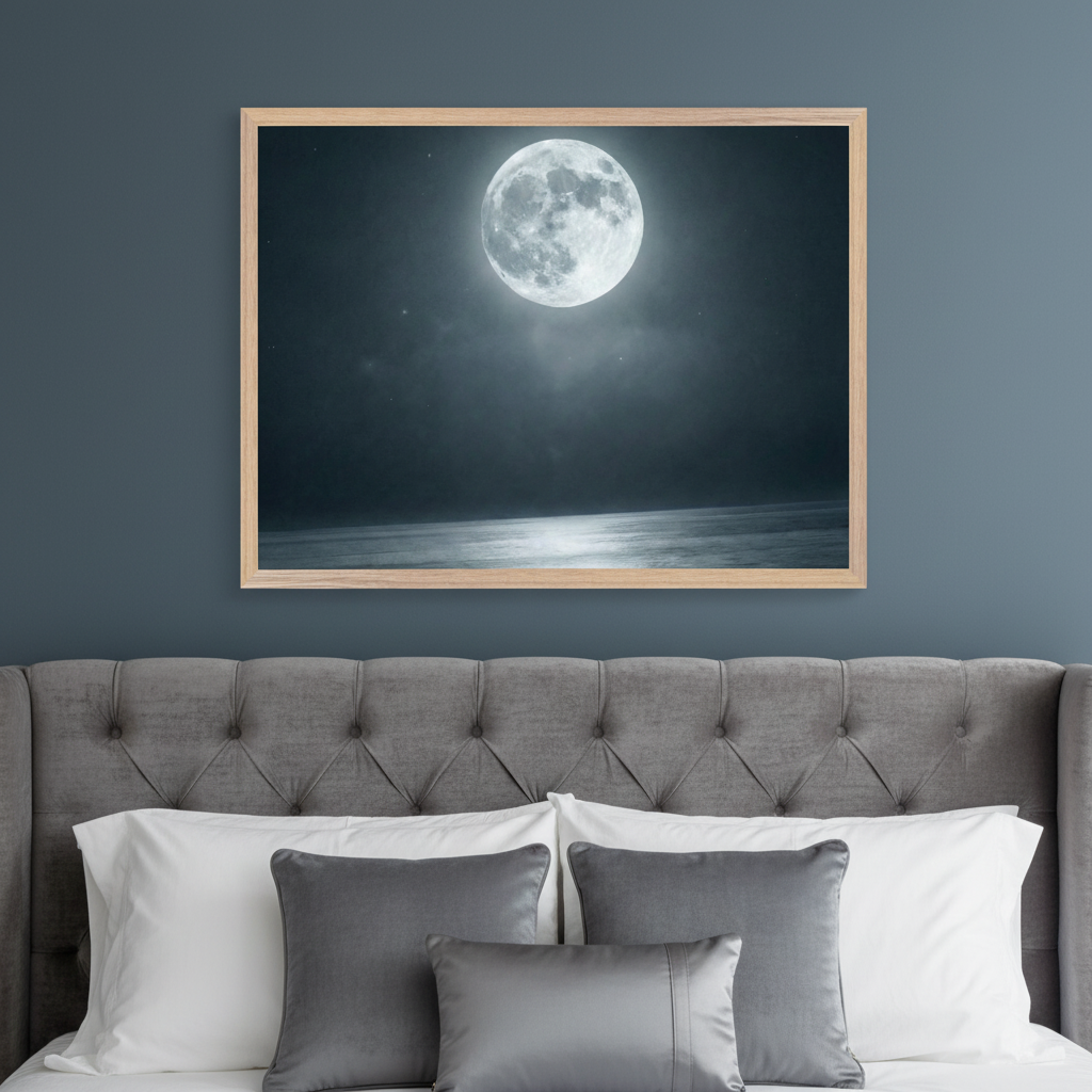 Modern bedroom with a grey tufted bed. A large framed print of a full moon in a night sky reflecting on a surface hangs centered above the bed.