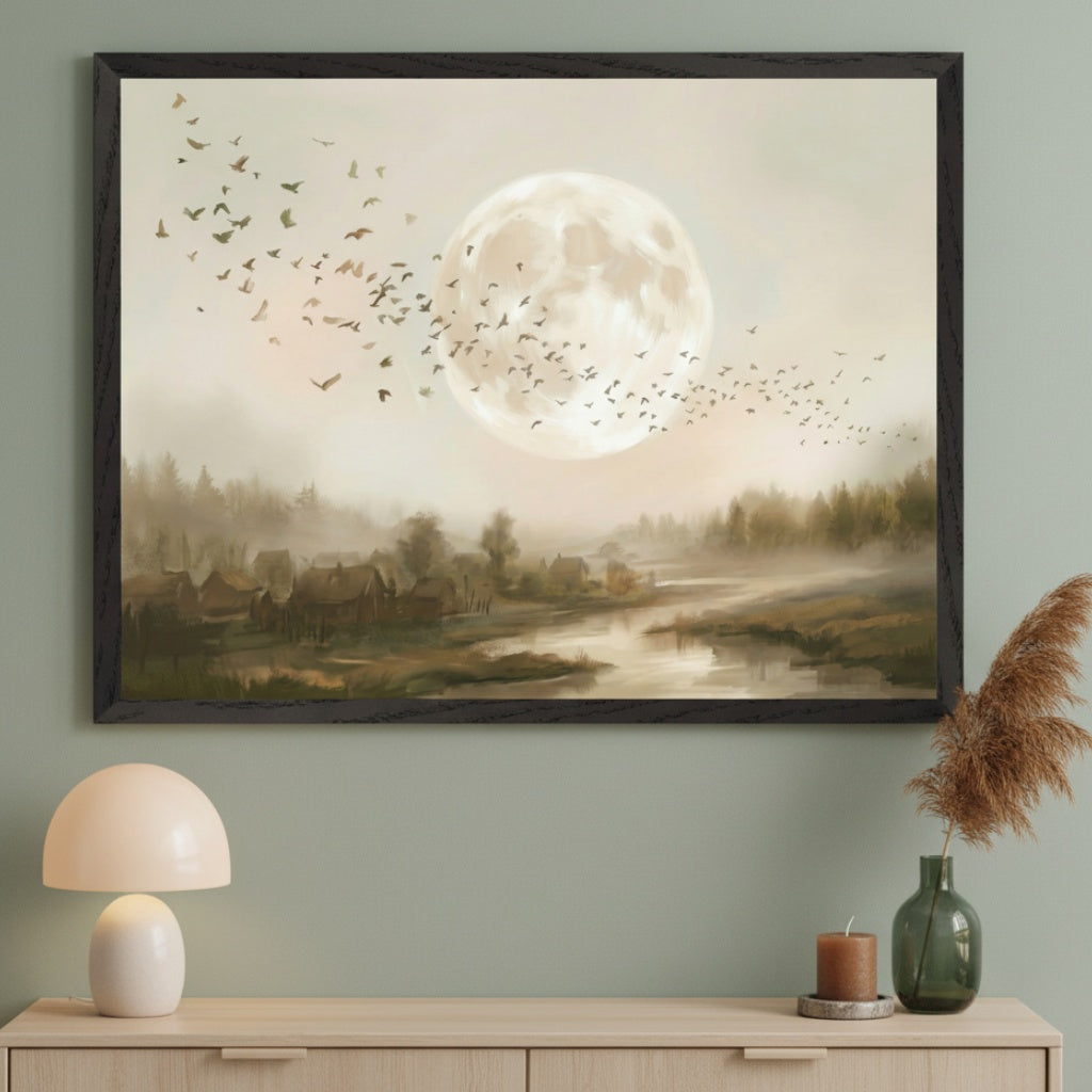 Moonlit Migration - Moon Framed Wall Art for Living Room, Bedroom or Office