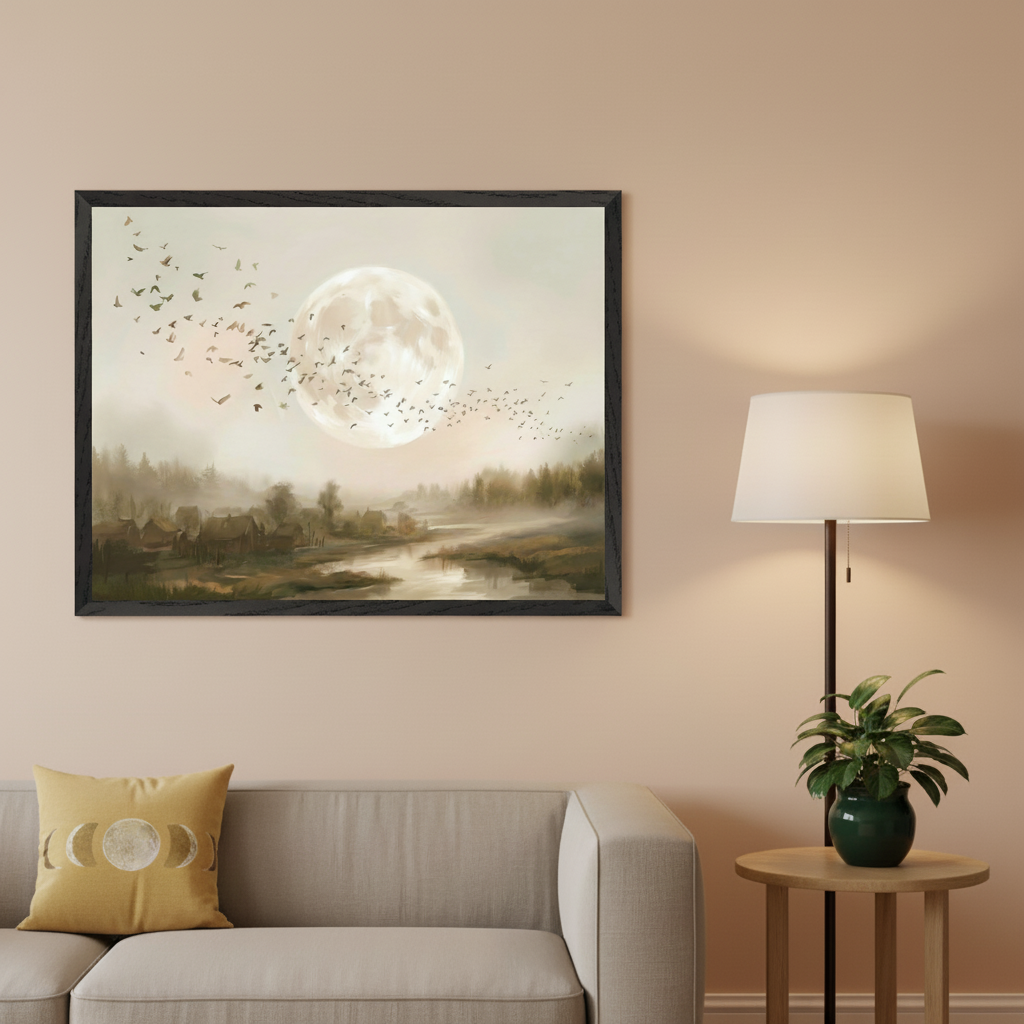 Living room with a light beige sofa and a floor lamp. A large painting in a black frame, of a bright full moon over a misty landscape with a village, river, and flying birds, hangs above the sofa. A yellow pillow with moon phases is on the sofa.