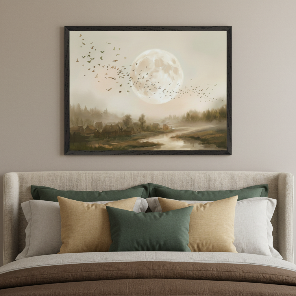 Bedroom with a beige upholstered bed. A framed painting of a misty village by a river under a large full moon with many birds flying hangs centered above the bed. The painting has muted earthy tones.