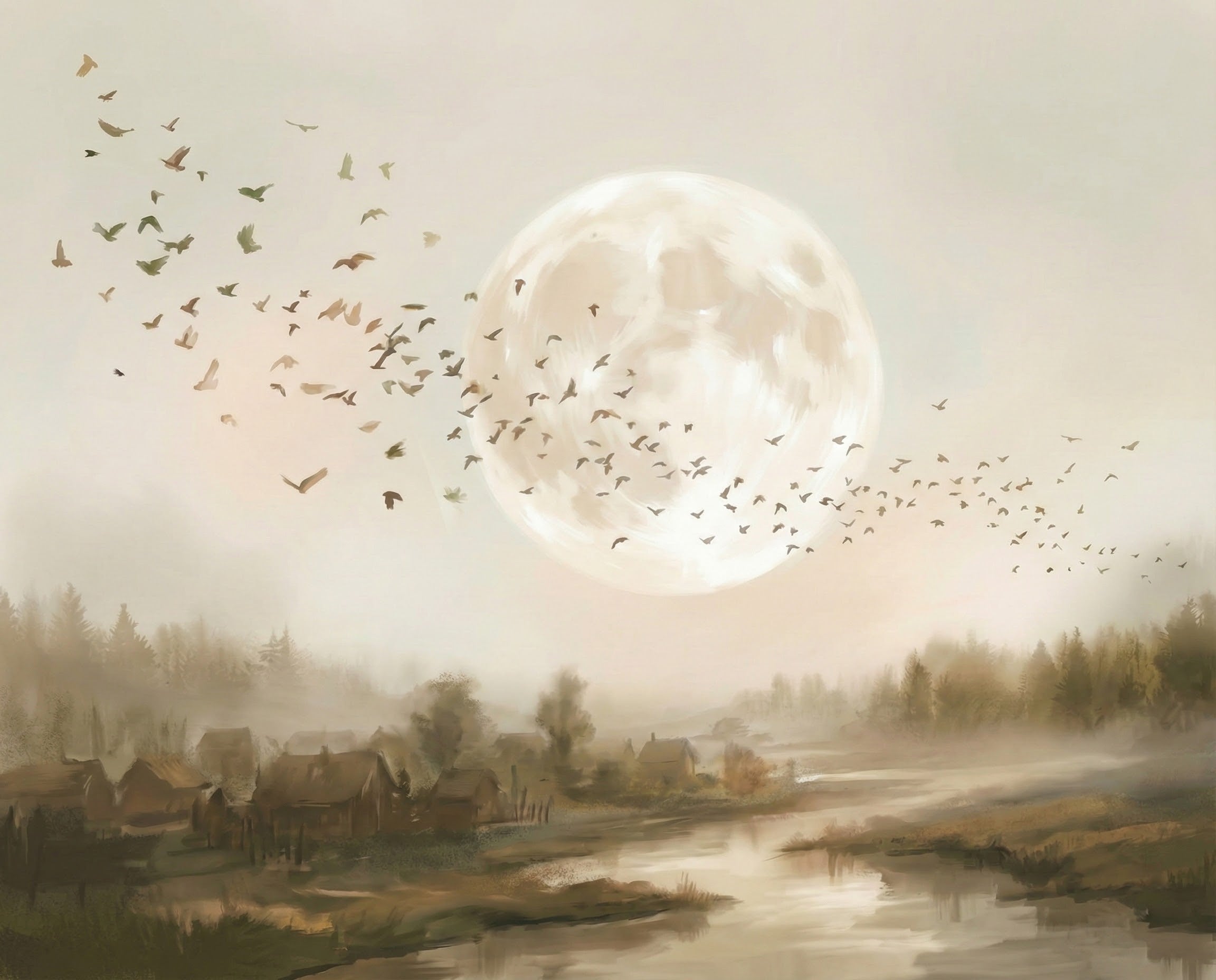 A large pale full moon rises above a misty village as flocks of birds soar across a soft pastel sky, blending nature and fantasy in a dreamlike evening landscape.
