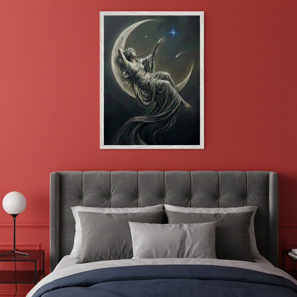 Modern bedroom with a gray upholstered bed and headboard. A framed painting of a woman in flowing drapery reclining on a crescent moon, reaching for a blue star in a dark sky, hangs centered above the bed.