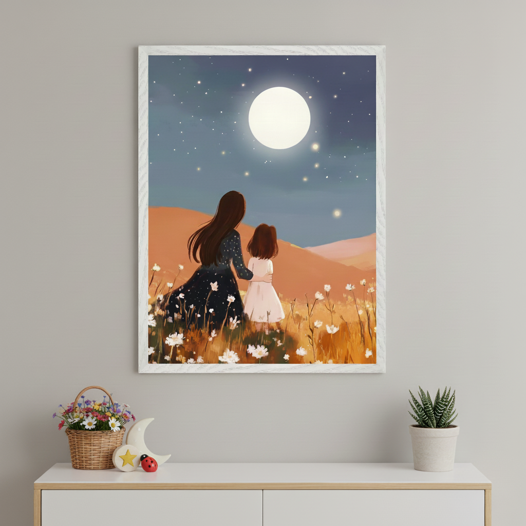 Modern room with a white dresser. A framed art print showing a mother and child looking at a full moon and stars in a flowery field hangs centered above it. A basket of flowers and a potted succulent are on the dresser.