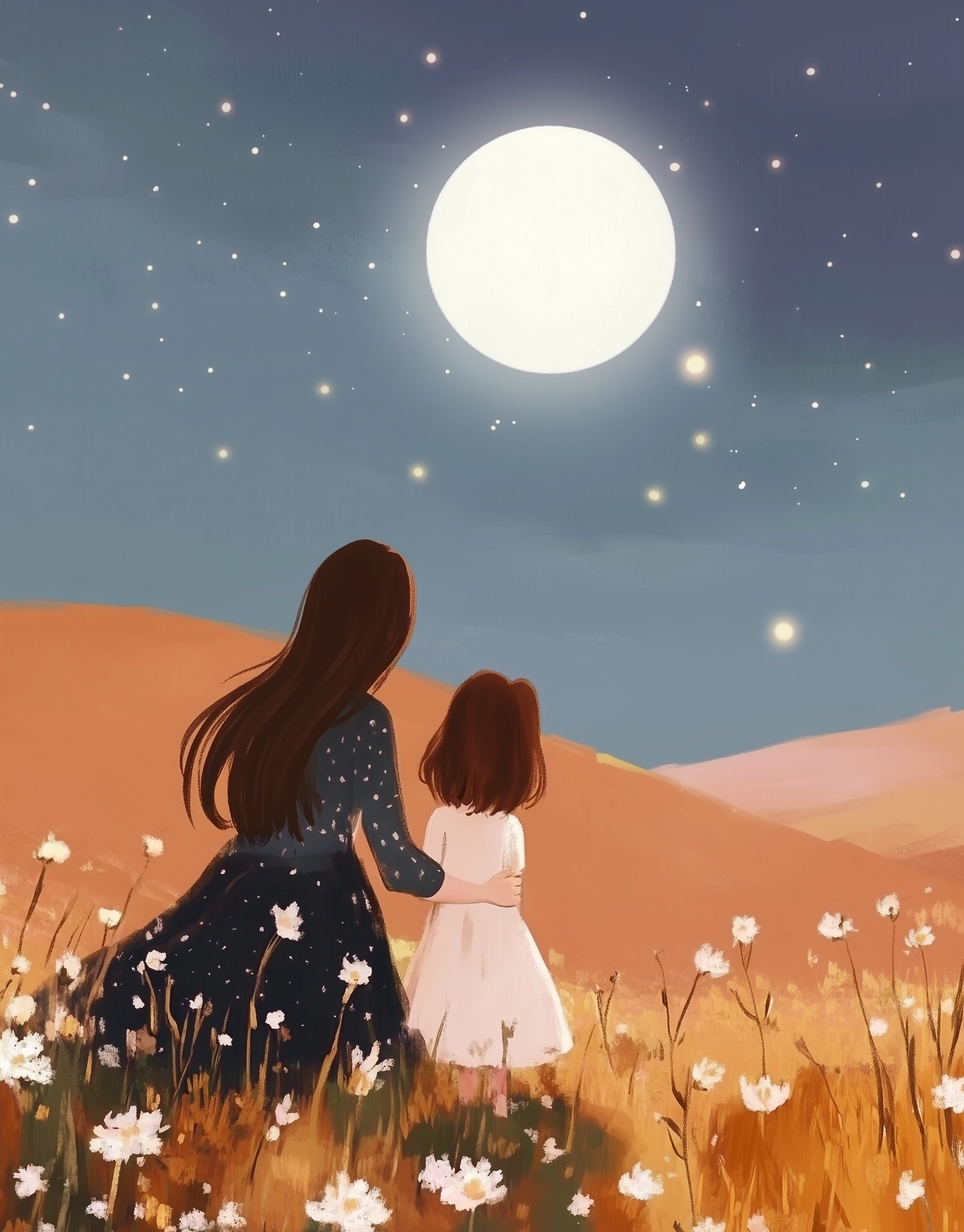 A woman and a young girl stand in a field of white flowers, gazing at a bright full moon in a starry sky. The woman gently embraces the girl, creating a serene and tender scene.