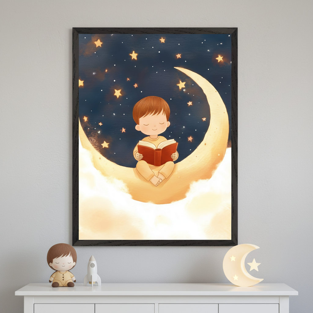 Contemporary room with a white dresser below a large framed print. The art shows a cartoon boy reading a book while sitting on a glowing crescent moon, surrounded by clouds and a starry night sky. A dark vase and a boy doll sit on the dresser.