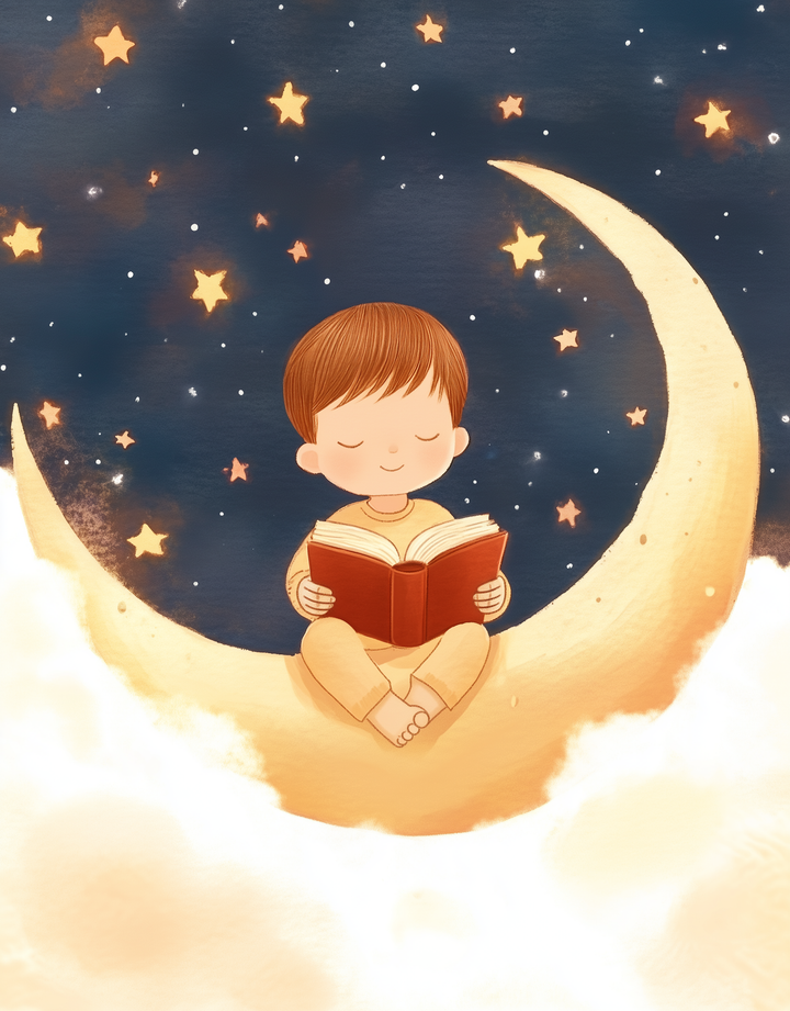 A child with short brown hair is sitting on a crescent moon, reading a book with a red cover. The night sky is filled with glowing stars, and fluffy clouds surround the moon, creating a dreamy, serene atmosphere.