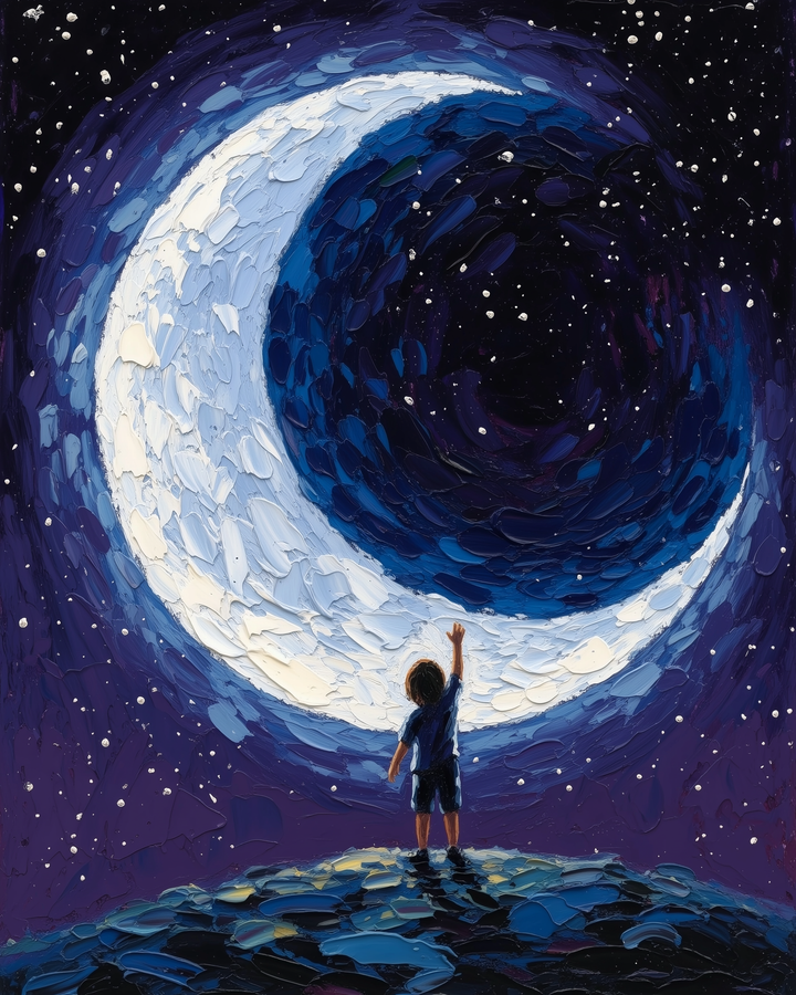 A child stands on a small hill, reaching up toward a large, luminous crescent moon in a starry night sky. The scene is painted with bold, textured brushstrokes in shades of blue and white, creating a dreamlike atmosphere.