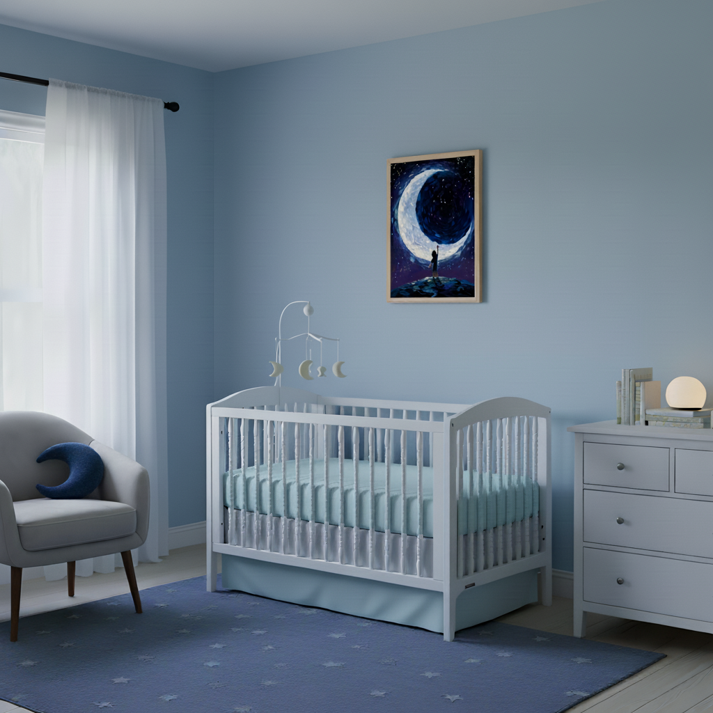 Modern nursery with a white crib, dresser, and gray armchair. A framed art of a figure reaching for a crescent moon in a starry night sky hangs on the wall above the crib and dresser.