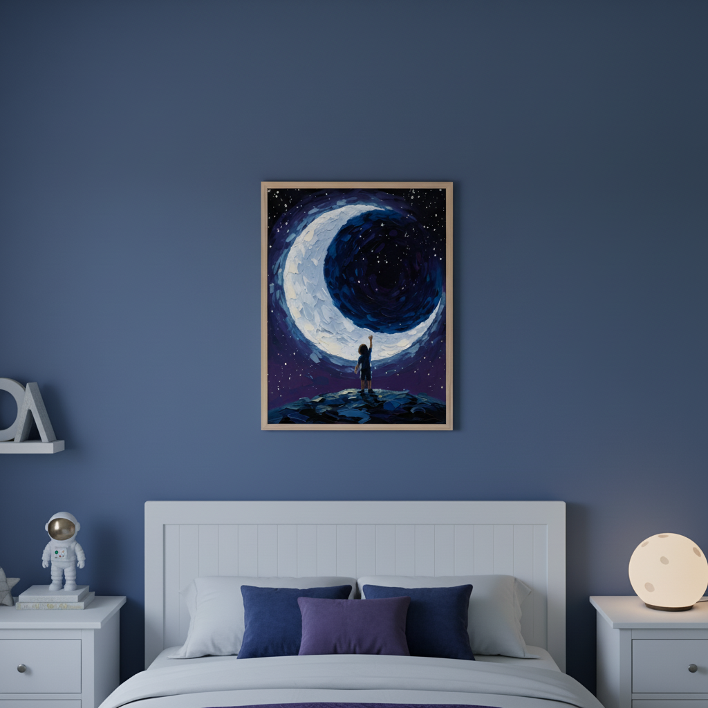 Kid's bedroom with a white bed and two nightstands against a blue wall. A framed textured art of a child reaching for a crescent moon in a starry night sky hangs above the bed, slightly right of center. An astronaut figurine is on the left nightstand, a moon lamp on the right.