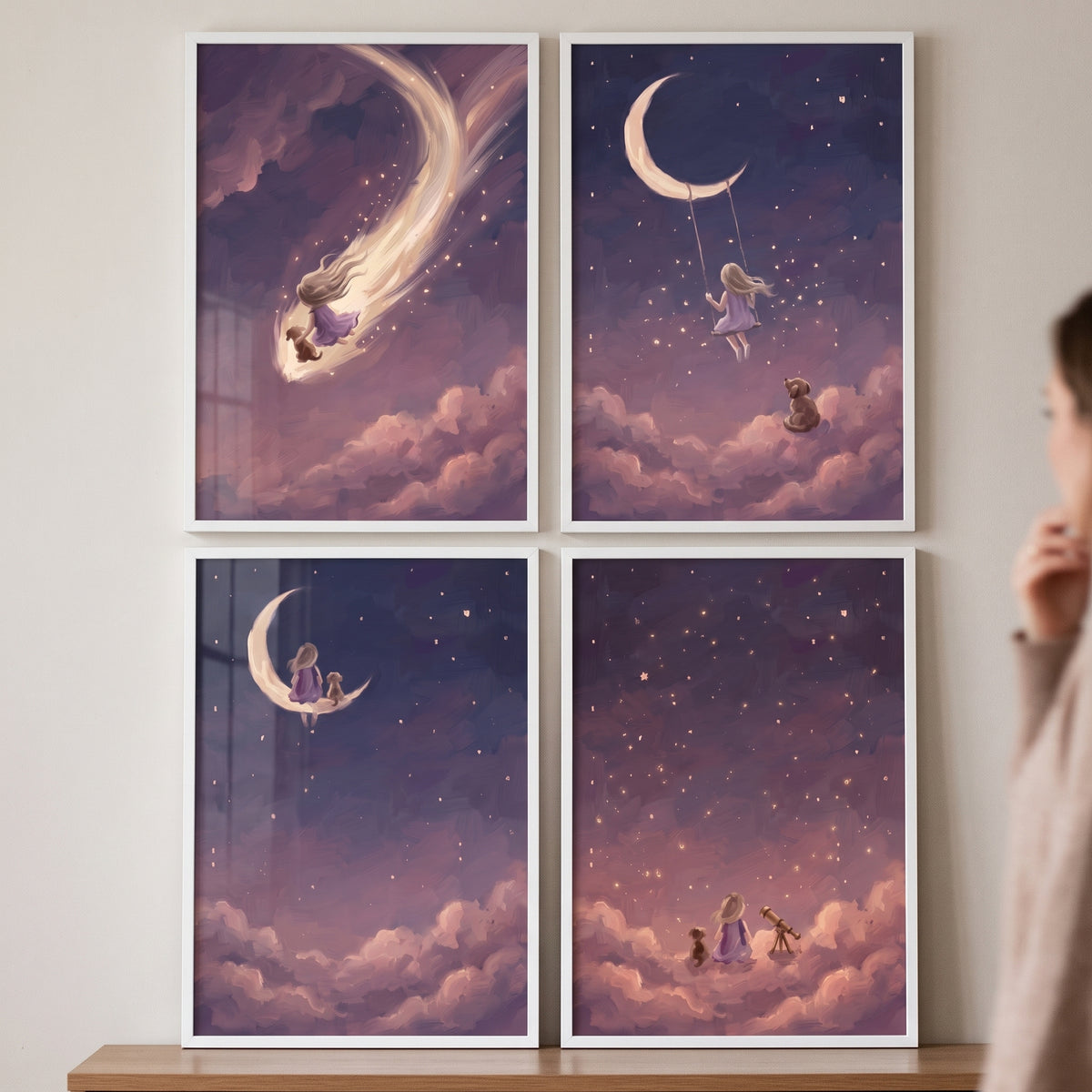 Moonlit lavender girl dog wall art set of 4 depicts a child and her pet among the stars, clouds, and a crescent moon.
