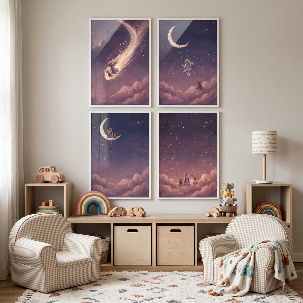 Moonlit Lavender Girl Dog Wall Art Set of 4 - Midnight Dream Voyage