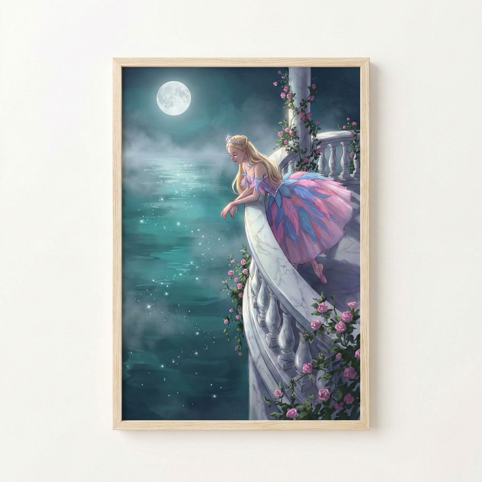 A vertical framed illustration on a plain white wall features a scene with a magical atmosphere. A girl with long blonde hair and a small crown leans over a white marble balcony, looking down at a body of shimmering water. She is dressed in a layered pink and blue gown. The balcony is adorned with climbing vines of small pink roses. In the dark night sky, a bright full moon glows above misty clouds, and countless sparkling points of light rise from the water's surface into the air.