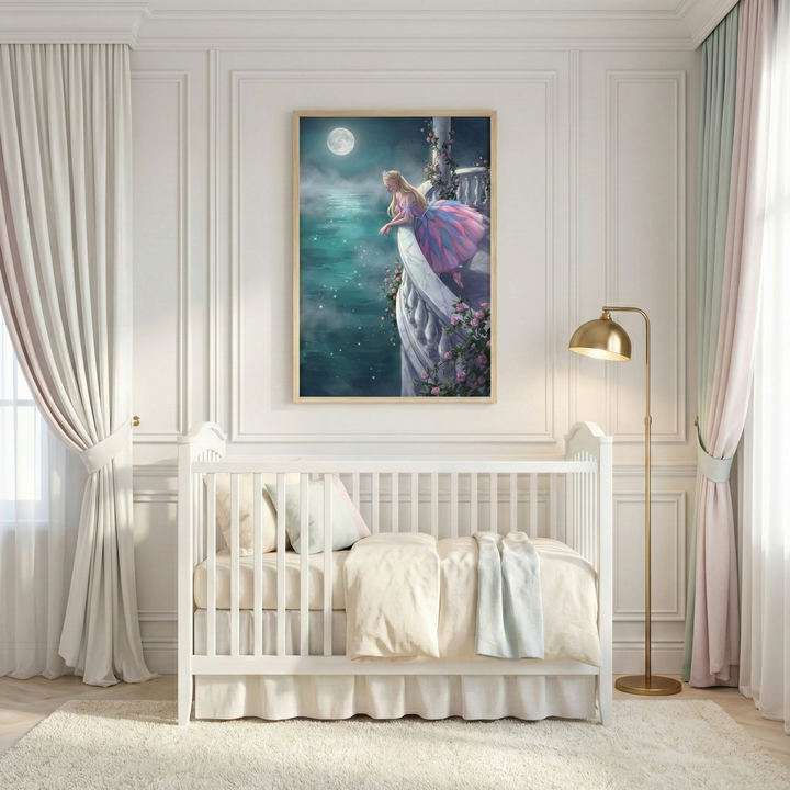 A serene nursery room features a white wooden crib with soft beige bedding and a ruffled skirt. Above it, a framed artwork depicts a girl in a flowing pink and blue dress on a balcony, gazing at a moonlit sea. To the right, a gold floor lamp adds a touch of warmth. The walls have elegant molding, and long curtains in white, pink, and green frame a window. A plush, light-colored rug covers the floor, completing the airy and peaceful atmosphere.