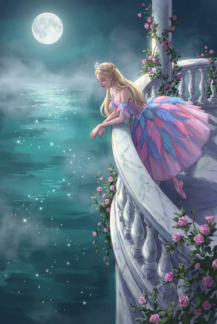 A blonde ballerina in a pink and blue dress leans over a white stone balcony covered in climbing pink roses, gazing at a glowing moonlit lake. Mist rises from the water and sparkles reflect across the surface, giving the scene a romantic fairytale mood.
