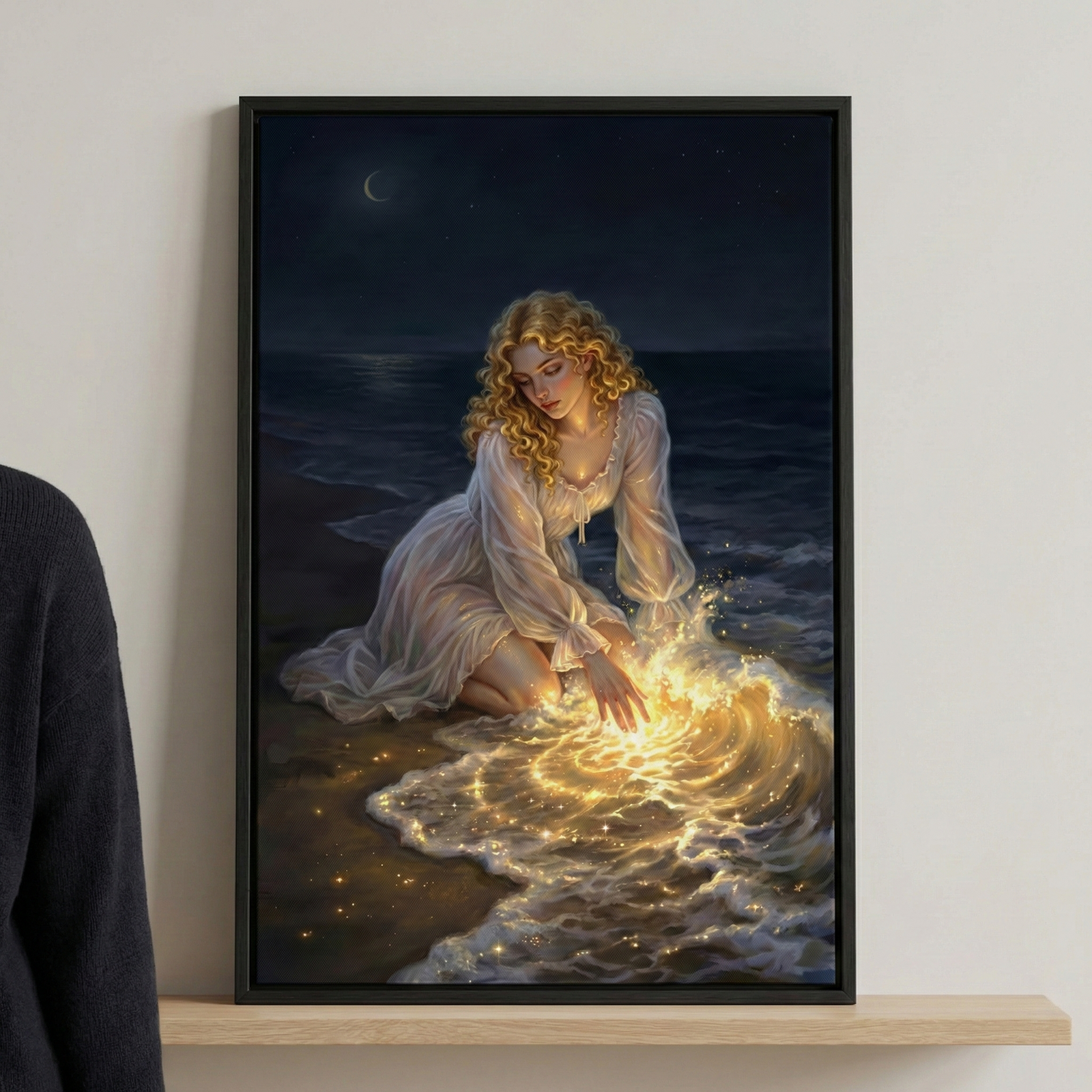 An ethereal digital illustration of a young woman with long, curly blonde hair kneeling on a dark beach at night. She gently touches the edge of the water, which responds by swirling into a brilliant, golden pool of light. This magical glow illuminates her white, flowing, ruffled dress and the surrounding sand. In the dark sky above, a thin crescent moon and faint stars are visible against the deep blue night. The artwork captures a moment of quiet magic on the shoreline.