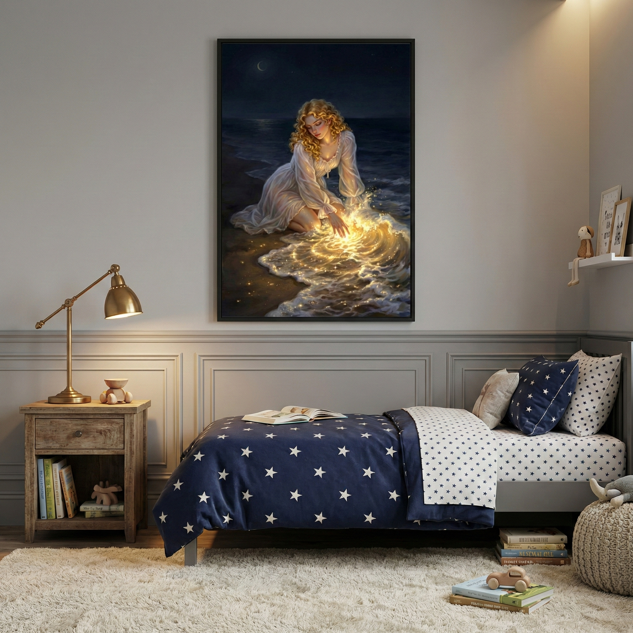Framed wall art above a child’s bed featuring a glowing woman in a flowing white dress kneeling at the shoreline at night, her hands touching sparkling golden water beneath a crescent moon. The dreamy ocean scene adds a magical, storybook feel to a cozy kids bedroom with navy star bedding and warm bedside lighting.