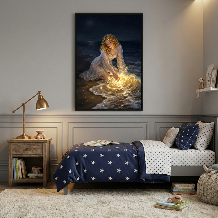 Framed wall art above a child’s bed featuring a glowing woman in a flowing white dress kneeling at the shoreline at night, her hands touching sparkling golden water beneath a crescent moon. The dreamy ocean scene adds a magical, storybook feel to a cozy kids bedroom with navy star bedding and warm bedside lighting.