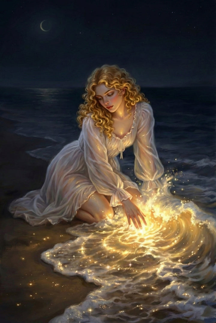 An ethereal illustration of a young woman with long, golden curls kneeling on a dark shoreline at night. She wears a flowing white gown with sheer sleeves. Her hand is dipped into the foaming edge of a wave, which glows with brilliant, golden light and shimmering sparkles that mirror the stars in the night sky. A sliver of a crescent moon hangs in the dark sky above a calm sea. The warm glow from the water highlights her gentle expression and the delicate fabric of her dress.