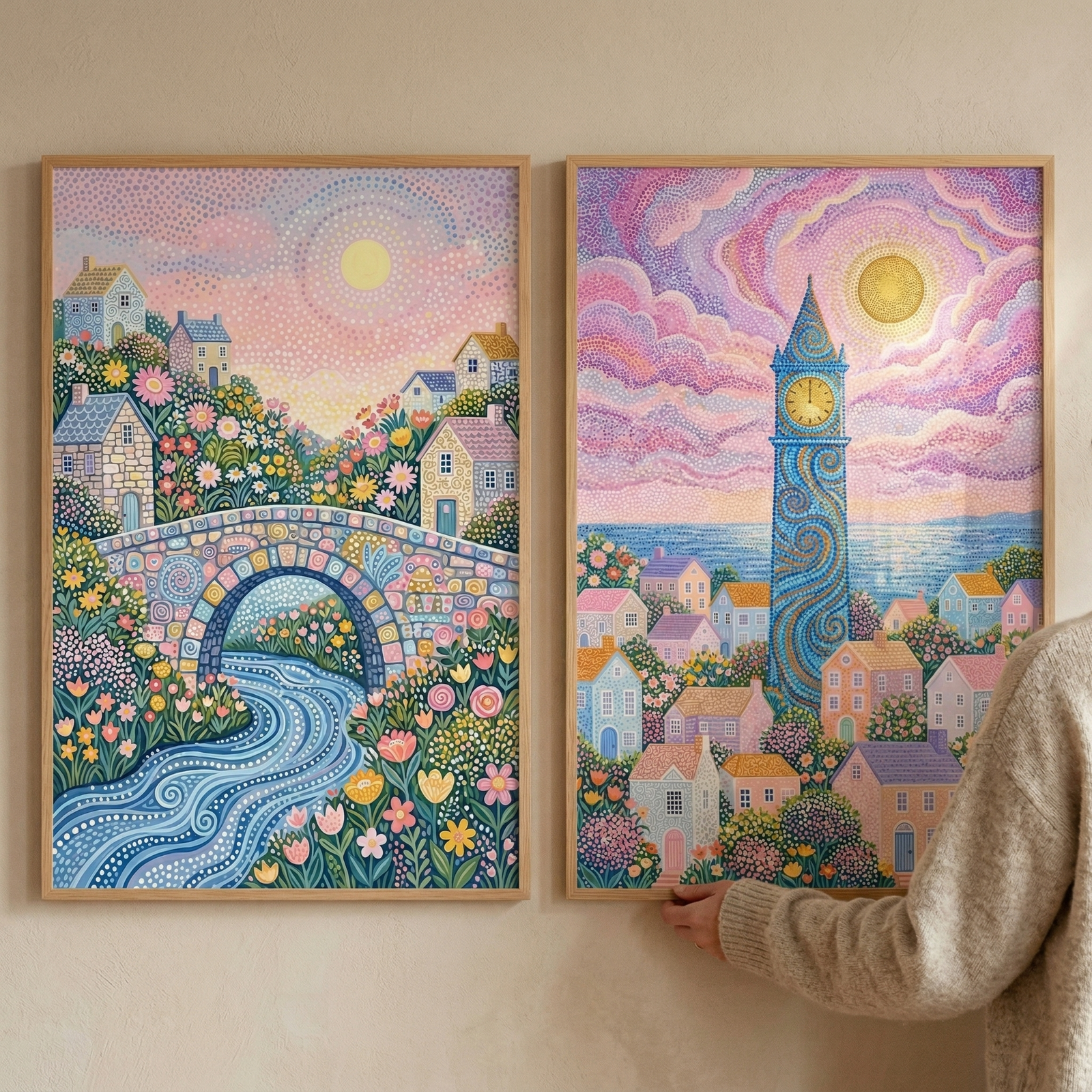 Two framed pieces of art hang side by side on a neutral-toned wall, with a person's hand visible at the bottom right corner as they adjust the position of the second frame. Both illustrations are created in a vibrant, decorative style characterized by intricate patterns, dots, and a whimsical folk-art aesthetic.

The illustration on the left depicts a charming countryside scene with a stone bridge arching over a swirling blue river. 