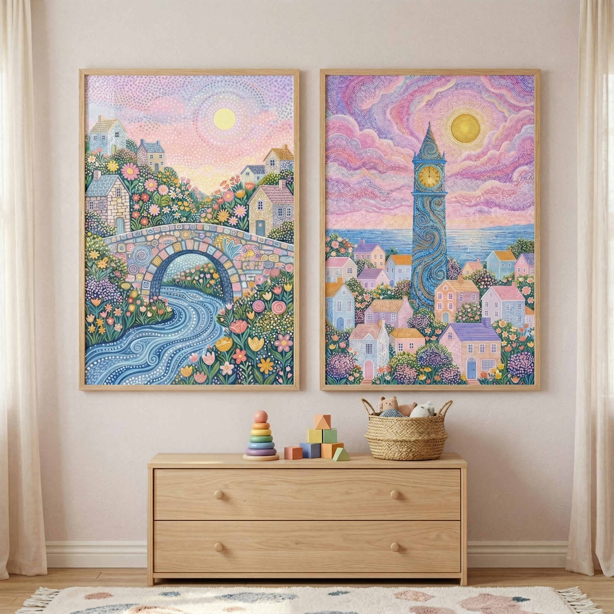 Mosaic Style Garden Hillside Artwork Set of 2 - Whimsical Pastel Village