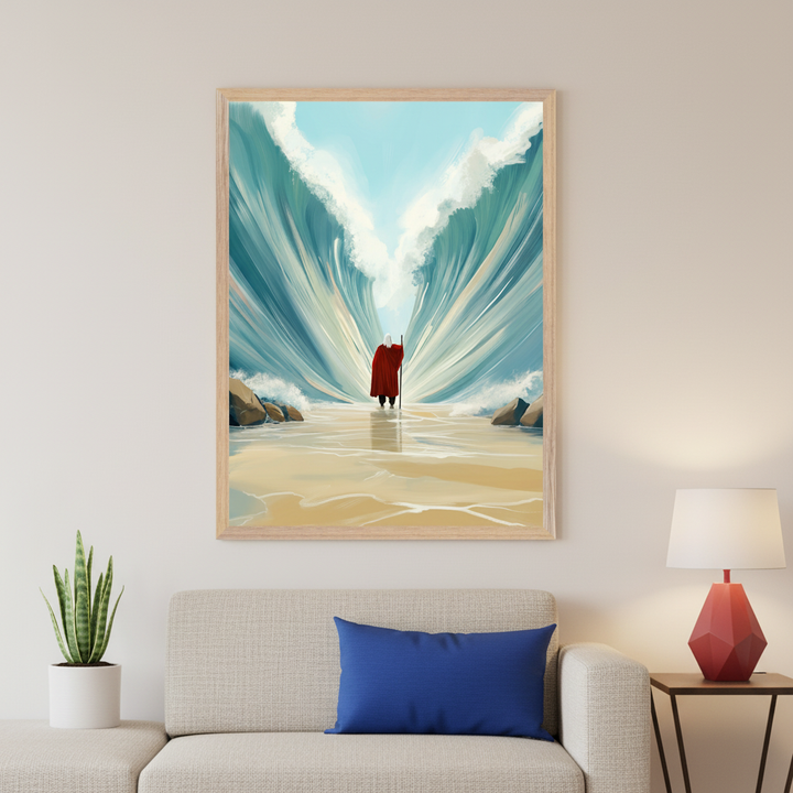 Modern bedroom with a light beige bed and white pillows. A framed vertical painting hangs above the bed. The artwork depicts a figure in a red robe with a staff walking on sand between towering blue walls of water, in an illustrative style.