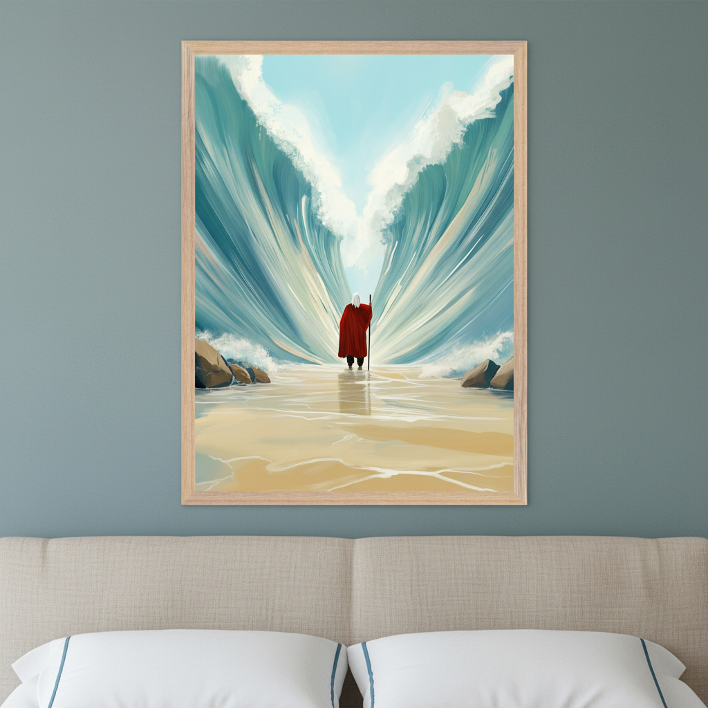 Modern living room with a light beige sofa. A framed, painterly illustration of a white-haired figure in a red robe with a staff walking through a parted sea between tall walls of water hangs above the sofa.