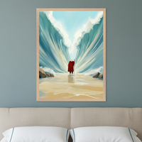Modern living room with a light beige sofa. A framed, painterly illustration of a white-haired figure in a red robe with a staff walking through a parted sea between tall walls of water hangs above the sofa.