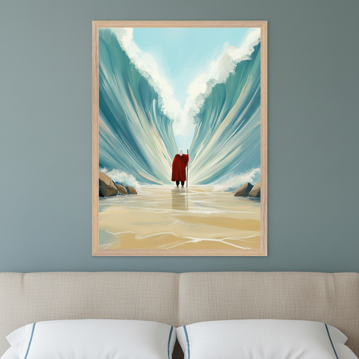 Modern living room with a light beige sofa. A framed, painterly illustration of a white-haired figure in a red robe with a staff walking through a parted sea between tall walls of water hangs above the sofa.