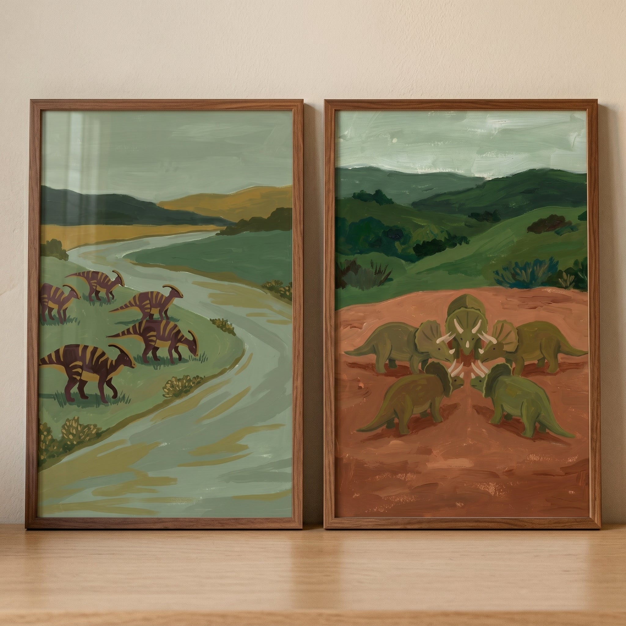 Moss Green Primitive Dinosaur Wall Art Set of 2 - Ancient Earth Vistas