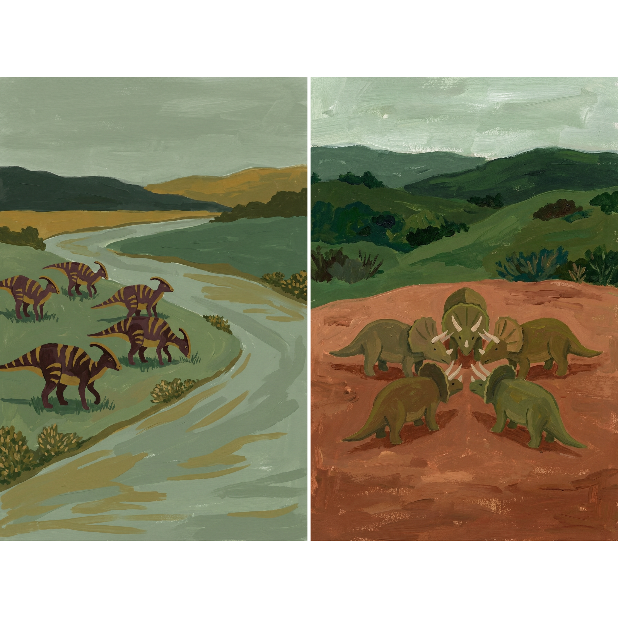 Moss Green Primitive Dinosaur Wall Art Set of 2 - Ancient Earth Vistas