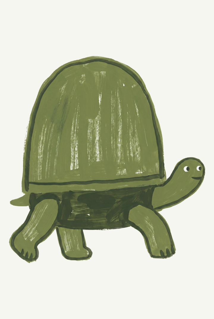 Moss green turtle wall art of a smiling animal with a tall, domed shell and textured green strokes on a plain background.